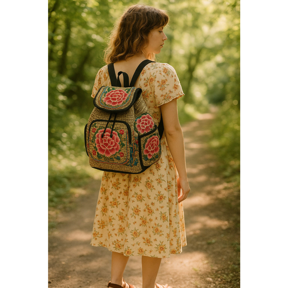 Boho Embroidered Floral Backpack Black Red Rose Folk Festival Bag - Picture 1 of 11